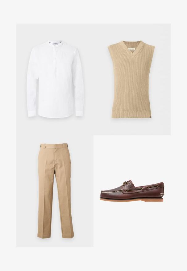 Gilet en tricot beige sans manches avec col en V et ourlet côtelé, présenté sur fond blanc uni.; Chemise blanche à manches longues avec col mandarin et patte de boutonnage trois boutons, présentée à plat sur un fond gris clair.; Pantalon beige droit avec passants de ceinture, fermeture éclair à l'avant et plis marqués, présenté sur un fond blanc uni.; Chaussure bateau en cuir marron avec coutures blanches, détails de lacets et semelle en caoutchouc beige, vue de côté sur fond blanc.