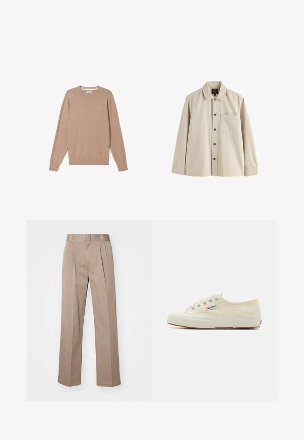 Beige, lange mouwen, sweater met ronde hals, geribbelde boorden aan de mouwen en zoom, klein geborduurd logo op de linkerborst, plat gelegd op een witte achtergrond.; Beige overhemd met lange mouwen, knopen, een kraag en één borstzak, gemaakt van stevig stof.; Beige, hoge taille broek met een wijde pijpontwerp. Bevat twee voorplooien en een soepele textuur. Standaard lengte met een nette afwerking.; Beige canvas sneaker met een laag profiel, metalen oogjes en rubberen zool. Beschikt over een textuurpatroon en logodetail aan de zijkant.