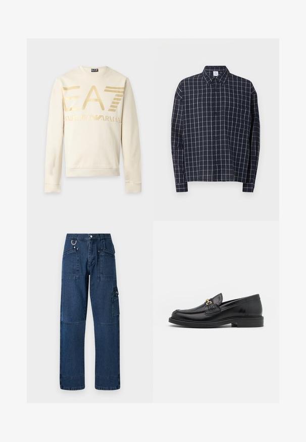 Crèmekleurige EA7 Emporio Armani sweatshirt met lange mouwen, groot gouden logo en geribde boorden en zoom op een lichte achtergrond.; Marineblauw overhemd met knopen, wit ruitpatroon, lange mouwen, borstzak en spitse kraag.; Donkerblauwe denim cargo broek met een rechte snit, voorzien van meerdere zakken, metalen hardware en contrasterende stiksels.; Zwarte leren instappers met een ronde neus, voorzien van een gouden hardware accent en stikdetails, geplaatst op een lage, getextureerde rubberen zool.