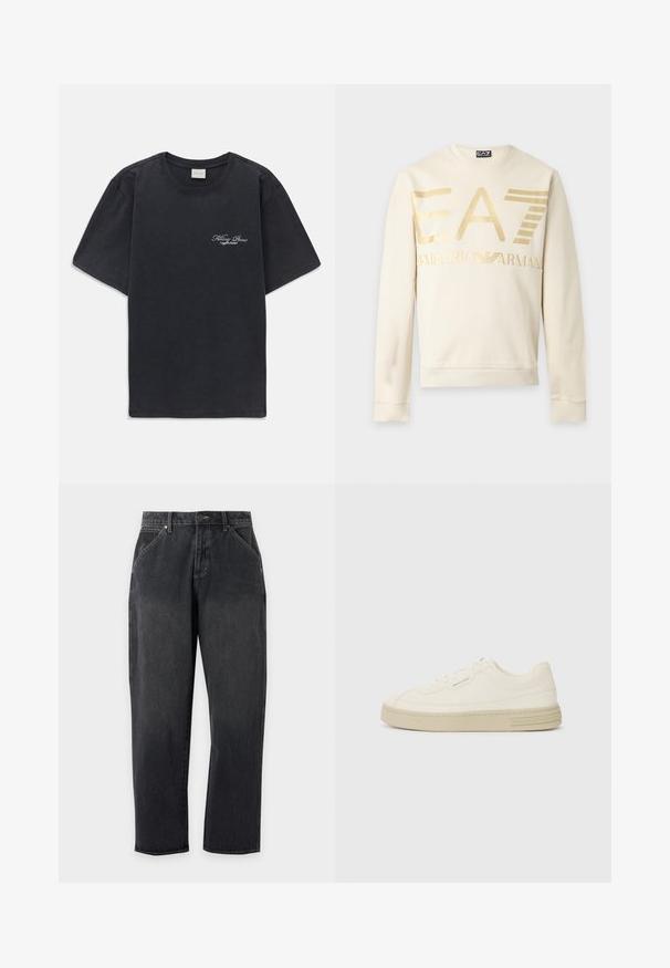 Kermanvärinen pitkähiha EA7 Emporio Armani -collegepaita suurella kullansävyisellä logolla ja resorireunuksilla vaalealla taustalla.; Mustat lyhythihaiset t-paidat, joissa on pieni valkoinen "Filling Pieces" -tekstilogo vasemmassa rinnassa.; Mustat suoralahkeiset farkut, joissa on etutaskut, vyölenkit, nappi ja vetoketjukiinnitys, esitetty yksinkertaisella vaaleanharmaalla taustalla.; Valkoiset kangastennarit, joissa on tekstuurilla varustettu kumipohja, ommeltu varvastuppi ja logo-aksentti kantapäässä. Yksinkertainen nauhakiinnitys.