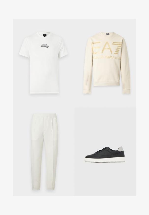 Sweat-shirt crème manches longues EA7 Emporio Armani avec grand logo doré et poignets et ourlet côtelés sur fond clair.; T-shirt en coton blanc avec un logo brodé noir "ARMANI EXCHANGE N.Y." sur la poitrine. Manches courtes et encolure classique.; Pantalon blanc coupe slim avec une taille élastique, doté de deux poches latérales et d'une texture lisse légèrement brillante.; Baskets basses noires avec semelle blanche et languette grise au talon, vue de profil sur un fond blanc uni.