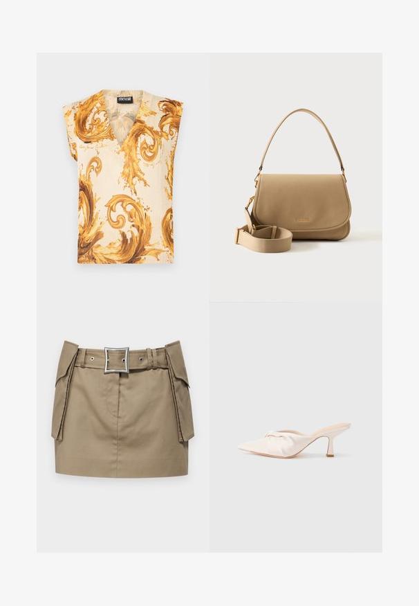 Ærmeløs beige top med dyb V-hals, med store pragtfulde gyldenbrune barokke rullemønstre og en sort label ved kraven.; Khaki miniskørt med et bredt bælte, der har en firkantet sølvspænde, sidelommer og en glat, holdbar stofstruktur.; Mulesko i lyst beige stof med et knyttet design foran, spids tå og en slank, tilspidset hæl. Glat tekstur over det hele.; Beige tekstureret læderhåndtaske med klaplukning, kort håndtag og bred aftagelig skulderrem med guldfarvede metaldele.