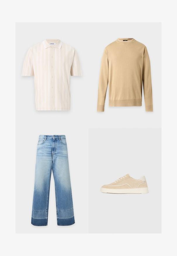 Pull beige à manches longues avec col rond, bordures côtelées aux poignets et à l'ourlet, présenté sur un fond gris clair uni.; Chemise beige à manches courtes avec des rayures blanches verticales, fermeture boutonnée sur le devant et col classique, présentée sur un fond blanc.; Jean en denim bleu clair à coupe large avec des détails délavés et des blocs de couleur plus foncés près de l'ourlet, bouton devant et poches visibles.; Baskets en daim beige avec semelle et lacets blancs, design basse, et motif de semelle en zigzag.
