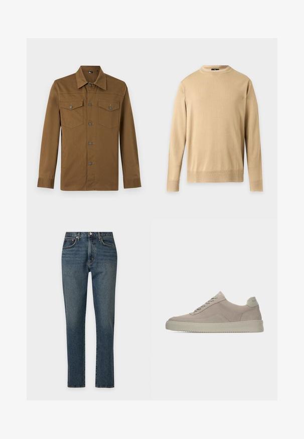 Pull beige à manches longues avec col rond, bordures côtelées aux poignets et à l'ourlet, présenté sur un fond gris clair uni.; Chemise marron à manches longues avec col pointu et deux poches poitrine boutonnées, présentée sur fond clair uni.; Jean bleu droit en denim avec une coupe classique à cinq poches et une fermeture par bouton sur un fond clair uni.; Baskets en daim beige avec une finition texturée, un bout arrondi et des lacets ton sur ton. Elles présentent une semelle en caoutchouc épaisse et un branding discret sur le talon.