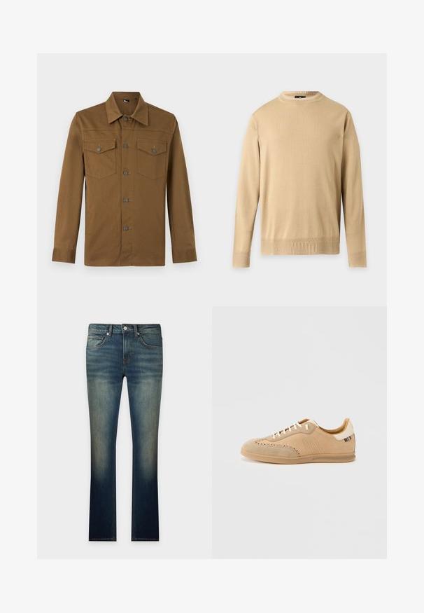 Pull beige à manches longues avec col rond, bordures côtelées aux poignets et à l'ourlet, présenté sur un fond gris clair uni.; Chemise marron à manches longues avec col pointu et deux poches poitrine boutonnées, présentée sur fond clair uni.; Jean bleu délavé à jambes droites avec poches avant, passants de ceinture, bouton et fermeture éclair sur un fond clair uni.; Baskets en daim beige avec des détails perforés, des lacets crème et une semelle texturée marron clair, avec un accent de couleur contrastante au talon.