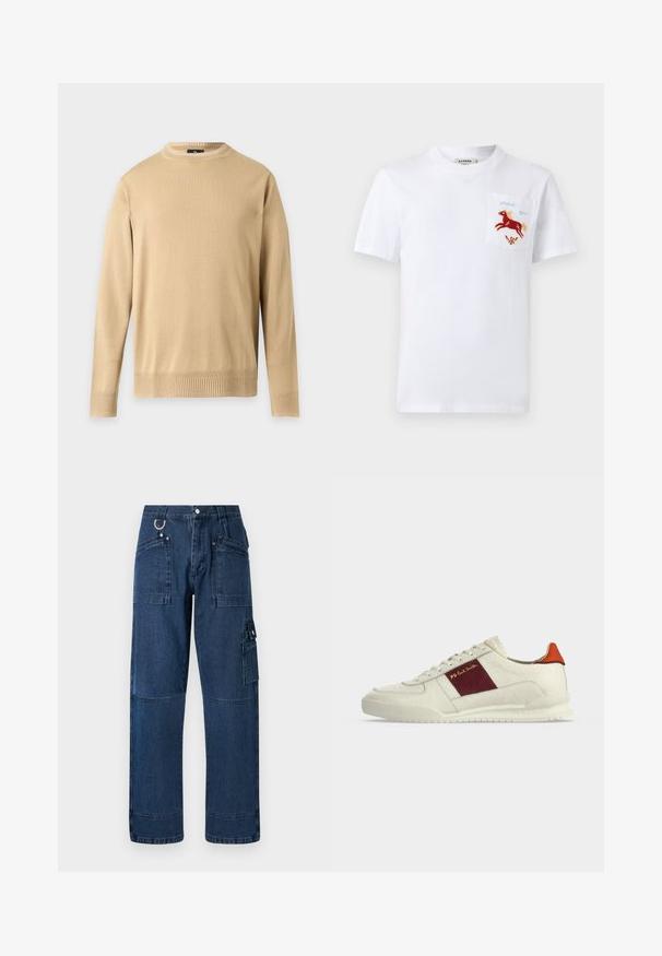 Beigefarbener Pullover mit langen Ärmeln und Rundhalsausschnitt, mit gerippten Bündchen und Saum, auf hellem grauem Hintergrund präsentiert.; Weißes T-Shirt mit kurzen Ärmeln und einer Brusttasche, die ein besticktes rotes Pferd mit gelber Mähne und dekorativen blauen und roten Details zeigt.; Dunkelblaue Denim-Cargo-Hosen mit geradem Schnitt, ausgestattet mit mehreren Taschen, metallischen Beschlägen und Kontrastnähten.; Weißer Sneaker mit niedrigem Schaft, burgunderfarbenem Seitenpaneel, goldenem Schriftzug „PS Paul Smith“, orangefarbener Fersenlasche und texturierter Sohle auf schlichtem Hintergrund.