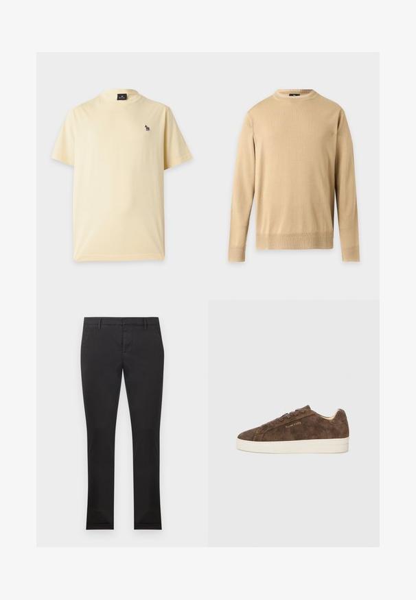Pull beige à manches longues avec col rond, bordures côtelées aux poignets et à l'ourlet, présenté sur un fond gris clair uni.; T-shirt jaune clair à manches courtes avec un petit logo zèbre multicolore sur la poitrine gauche et une étiquette noire à l’intérieur du col.; Pantalon noir slim avec passants pour ceinture, poches avant et fermeture éclair à l'avant, présenté sur un fond blanc uni.; Baskets en daim marron avec une silhouette basse, un bout arrondi et une semelle en caoutchouc blanc. Elles présentent des lacets foncés et un logo discret sur le côté.