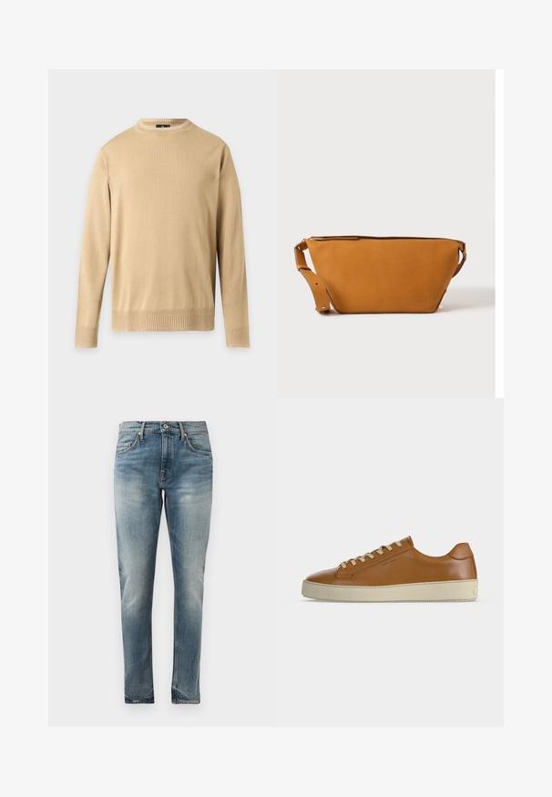 Beige trui met lange mouwen en ronde hals, met geribde manchetten en zoom, getoond op een effen lichtgrijze achtergrond.; Slim-fit blauwe denim jeans met een vervaagde wasbeurt, vijf-pocket stijl, knoopsluiting en subtiele slijtage op de heupen en knieën.; Lage bruine leren sneaker met crèmekleurige veters en dikke crèmekleurige rubberen zool, zijaanzicht op witte achtergrond.; Lichtbruine leren crossbodytas met verstelbare band en ritssluiting, getoond tegen een effen lichte achtergrond.