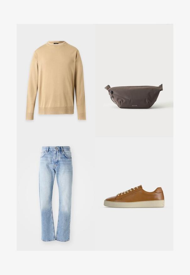 Beigefarbener Pullover mit langen Ärmeln und Rundhalsausschnitt, mit gerippten Bündchen und Saum, auf hellem grauem Hintergrund präsentiert.; Helle blaue Jeans mit geradem Schnitt. Verfügt über ein Fünf-Taschen-Design, einen Knopfverschluss und eine ausgewaschene Textur zum unteren Bereich hin.; Brauner Low-Top-Ledersneaker mit cremefarbenen Schnürsenkeln und dicker cremefarbener Gummisohle, seitlich auf weißem Hintergrund dargestellt.; Dunkelbraune Stoff-Gürteltasche mit diagonalem Reißverschlussfach und kleinem weißen Logo vorne, vor einem einfarbigen hellen Hintergrund.