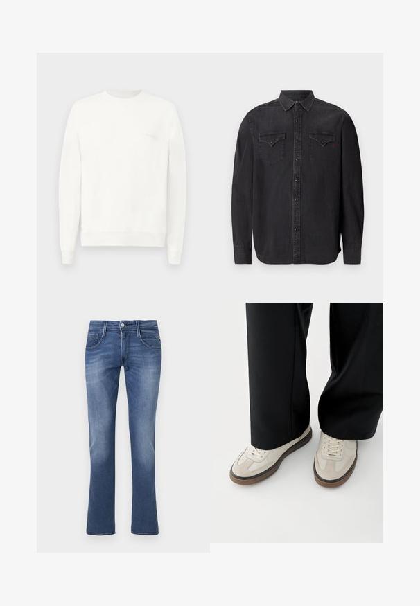 Weißes Sweatshirt mit Rundhalsausschnitt aus weichem Stoff, mit gerippten Bündchen und Saum, und einem dezenten, in hellgrau auf der Brust gedruckten Logo.; Langärmliges schwarzes Jeanshemd mit klassischem Kragen, Druckknopfverschlüssen, zwei Brusttaschen und einem dezenten roten Logodetail.; Blaue Jeans im Slim-Fit-Stil mit Frontknopf, Reißverschluss sowie Vorder- und Hintertaschen auf weißem Hintergrund.; Füße mit beigen Sneakers mit braunen Sohlen und schwarzen Hosen mit weitem Bein auf weißem Hintergrund.