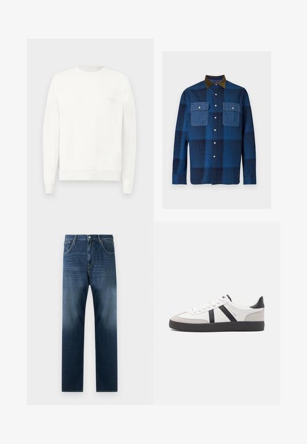 Weißes Sweatshirt mit Rundhalsausschnitt aus weichem Stoff, mit gerippten Bündchen und Saum, und einem dezenten, in hellgrau auf der Brust gedruckten Logo.; Langärmliges blau kariertes Hemd mit dunkelblauen Denim-Klappentaschen und braunem Cordkragen, vorne geknöpft.; Dunkelblaue Denim-Jeans mit geradem Bein-Design. Zu den Merkmalen gehören Fronttaschen, ein Reißverschluss und ein subtiler Verblassen in Richtung Saum.; Weiße Sneaker mit schwarz- und grau-aczenten, ausgestattet mit einer strukturierten grauen Zehenkappe, schwarzer Gummi-Sohle und flachen weißen Schnürsenkeln. Sauberes Design, minimalistische Stil.