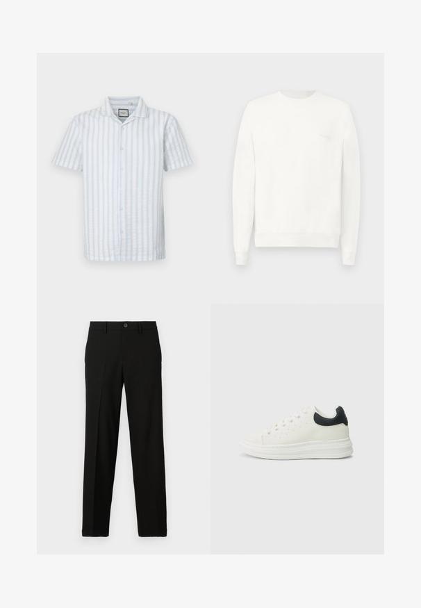 Sweatshirt blanc à col rond en tissu doux, avec des poignets et un ourlet côtelé, orné d'un logo subtil imprimé sur la poitrine en gris clair.; Chemise à manches courtes à boutons, en rayures verticales bleu clair et blanches. Fabriquée en tissu léger avec un col de type camp et cinq boutons.; Pantalon noir en tissu lisse, avec une coupe droite, une fermeture à bouton à la taille, et sans motifs ni accents visibles.; Baskets en cuir blanc avec un accent noir au talon, bout rond, semelle blanche plate et fermeture à lacets. Perforations minimales sur les côtés.