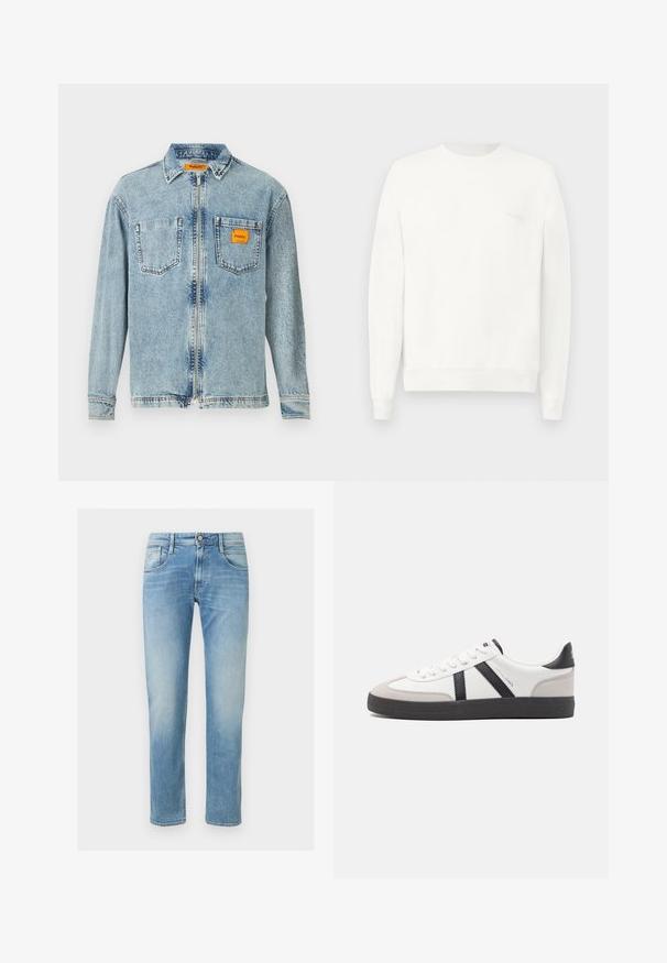 Hvid crewneck sweatshirt lavet af blødt stof, med ribbede manchetter og kant, og med et diskret logo trykt på brystet i lysegrå.; Lys blå denimjakke med fuld frontlynlås, to brystlommer og et lille orange Replay Inc. label på højre lomme og krave.; Lyseblå straight-leg denim jeans med knaplukning foran og fem-lomme design.; Hvide sneakers med sorte og grå detaljer, med en tekstureret grå tåhætte, sort gummisål og flade hvide snørebånd. Rent design, minimalistisk stil.