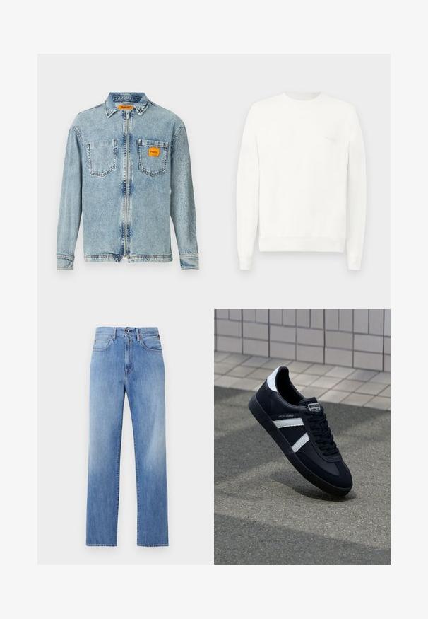 Weißes Sweatshirt mit Rundhalsausschnitt aus weichem Stoff, mit gerippten Bündchen und Saum, und einem dezenten, in hellgrau auf der Brust gedruckten Logo.; Hellblaues Jeansjacke mit vollem Frontreißverschluss, zwei Brusttaschen und einem kleinen orangen Replay Inc. Etikett an der rechten Tasche und am Kragen.; Hellblaue Straight-Leg-Jeans mit Frontknopf, Reißverschluss und Fünf-Taschen-Design auf weißem Hintergrund.; Schwarze Leder-Sneaker mit weißen Streifen, strukturiertem Gummisohle und Schnürung. Verfügt über ein Markenetikett auf der Zunge.