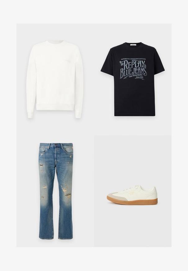 Weißes Sweatshirt mit Rundhalsausschnitt aus weichem Stoff, mit gerippten Bündchen und Saum, und einem dezenten, in hellgrau auf der Brust gedruckten Logo.; Schwarzes Baumwoll-T-Shirt mit kurzen Ärmeln und rundem Halsausschnitt, mit einem grafischen Textdesign im Vintage-Stil in Weiß und hellblau auf der Vorderseite.; Hellblaue Denim-Jeans mit einer lockeren Passform, die verwaschene Details und fransige Patches aufweisen, mit dem klassischen Fünf-Taschen-Design und einem Knopfverschluss.; Sneaker aus weißem Leder mit einer beigen Zehenkappe und leichter brauner Gummisohle. Verfügt über flache weiße Schnürsenkel und geprägtes Branding an der Seite.