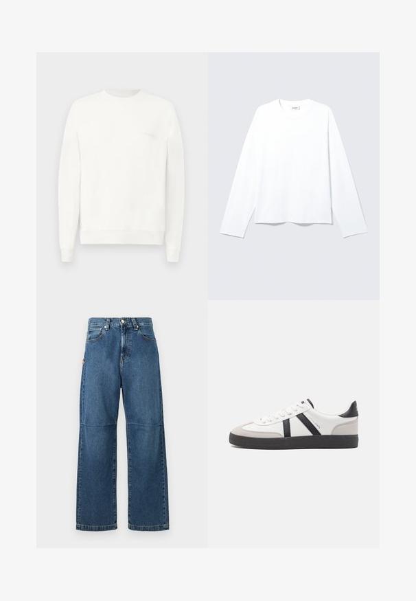 Sudadera blanca de cuello redondo hecha de una tela suave, con puños y dobladillo acanalados, y con un logo sutil impreso en el pecho en gris claro.; Camiseta blanca lisa de manga larga con cuello redondo, corte holgado y etiqueta de la marca visible en el cuello, colocada plana sobre un fondo claro.; Vaqueros de mezclilla azul con un ajuste relajado, piernas rectas, costura visible y un cierre de botón en la parte delantera. Presenta un bolsillo lateral con un acento.; Zapatilla blanca con acentos en negro y gris, que presenta una puntera texturizada en gris, suela de goma negra y cordones planos blancos. Diseño limpio, estilo minimalista.