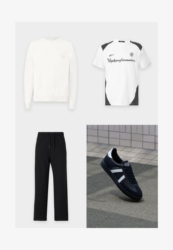 Sweatshirt blanc à col rond en tissu doux, avec des poignets et un ourlet côtelé, orné d'un logo subtil imprimé sur la poitrine en gris clair.; T-shirt blanche à manches courtes avec des accents noirs. Présente le logo "REPLAY FC" et le texte "Highperformance" dans une police sportive. Fabriquée à partir d'un matériau lisse.; Jack & Jones JPSTKANE JJCHARGE UNCUFFED - Pantalon de survêtement - black; Sneaker en cuir noir avec des rayures blanches, semelle en caoutchouc texturée et devant à lacets. Présente une étiquette de marque sur la languette.