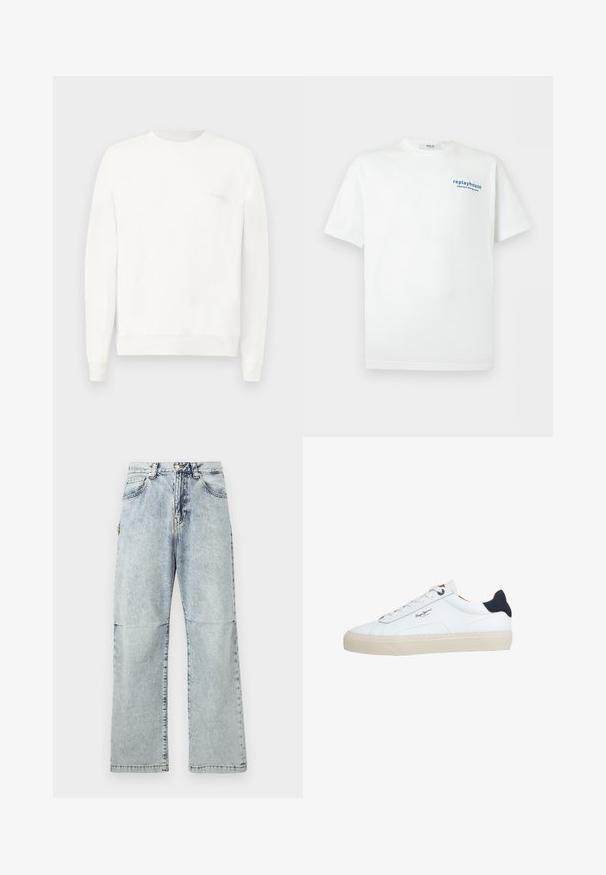 Hvid crewneck sweatshirt lavet af blødt stof, med ribbede manchetter og kant, og med et diskret logo trykt på brystet i lysegrå.; Hvid T-shirt med korte ærmer med lille blå tekst "replayhouse japanese dining room" på den øverste venstre bryst.; Lyseblå denimbukser med en afslappet pasform, falmede detaljer, fem lommer og en knaplukning i taljen. Flade sømme og brede ben.; Hvid lavtop-sneaker med beige sål, hvide snørebånd, sort hælkappe og "Pepe Jeans London"-logo på siden.
