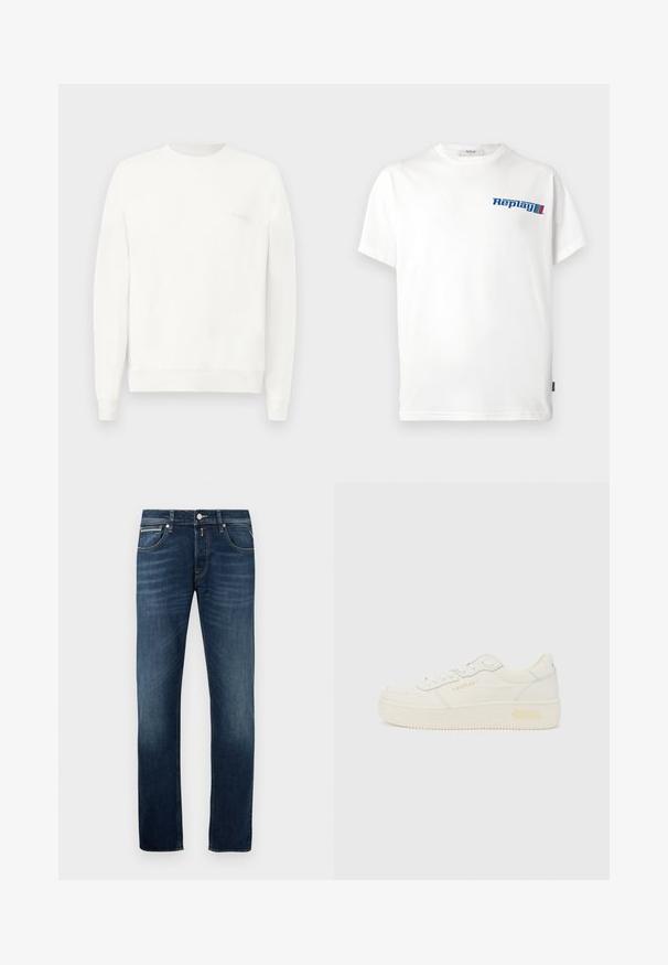 Weißes Sweatshirt mit Rundhalsausschnitt aus weichem Stoff, mit gerippten Bündchen und Saum, und einem dezenten, in hellgrau auf der Brust gedruckten Logo.; Weißes Baumwoll-T-Shirt mit blauem "Replay"-Logo auf der Brust; entspannte Passform mit kurzen Ärmeln und rundem Halsausschnitt.; Dunkelblaue Gerade geschnittene Jeans mit leichter Ausbleichung an den Oberschenkeln, fünf Taschen und einem metallenen Knopfverschluss an der Taille.; Niedriger weißer Sneaker mit Schnürung vorne, dicker Sohle und dezentem "REPLAY"-Logo an der Seite und Ferse, in Seitenansicht dargestellt.