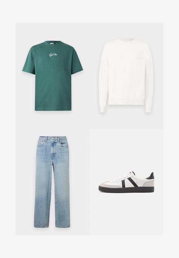 Sudadera blanca de cuello redondo hecha de una tela suave, con puños y dobladillo acanalados, y con un logo sutil impreso en el pecho en gris claro.; Camiseta de algodón verde con escote redondo y mangas cortas. Presenta texto en cursiva blanca "high tea" en la parte frontal. Diseño sencillo, sin patrones.; Jeans de mezclilla de pierna recta de color azul claro, con una cintura alta, que cuentan con cinco bolsillos y un sutil desvanecimiento. Dobladillo sin rematar y detalles de costura en contraste.; Zapatilla blanca con acentos en negro y gris, que presenta una puntera texturizada en gris, suela de goma negra y cordones planos blancos. Diseño limpio, estilo minimalista.