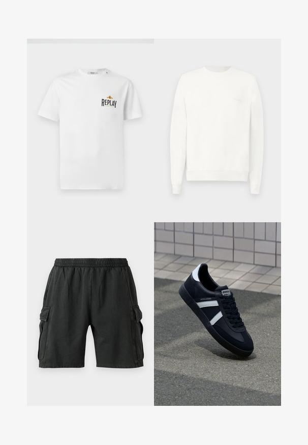 Biely crewneck sveter vyrobený z mäkkej látky, s rebrovanými manžetami a lemom, s jemným logom potlačeným na hrudi v svetlo sivej farbe.; Biela bavlnená tričko s krátkymi rukávmi, s čiernym a zlatým logom "REPLAY GRAND HOTEL" na ľavom prsníku. Jednoduchý dizajn, klasický strih.; Čierne cargo šortky s elastickým pásom, dvoma bočnými vreckami a dvoma cargo vreckami po stranách. Vyrobené z mäkkej, ľahkej tkaniny.; Čierne kožené tenisky s bielymi pruhmi, textúrovanou gumovou podrážkou a šnurovaním vpredu. Obsahujú označenie značky na jazyku.