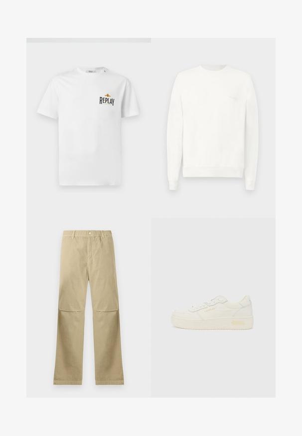 Witte crewneck sweatshirt gemaakt van zachte stof, met ribgebreide boorden en zoom, en een subtiele logo gedrukt op de borst in lichtgrijs.; Witte katoenen t-shirt met korte mouwen, voorzien van een zwart en gouden "REPLAY GRAND HOTEL" logo op de linkerkant van de borst. Eenvoudig ontwerp, normale pasvorm.; Beige rechte broek met drukknoopsluiting, riemlussen en kniestiknaden, plat gelegd op een witte achtergrond.; Lage witte sneaker met veters aan de voorkant, dikke zool en subtiele "REPLAY" branding op de zijkant en hiel, getoond in profiel.