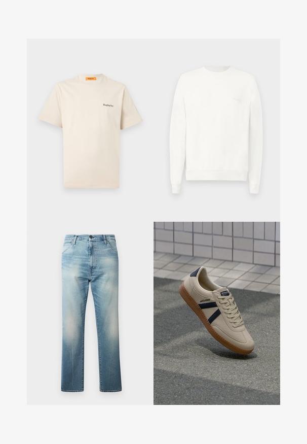 Sudadera blanca de cuello redondo hecha de una tela suave, con puños y dobladillo acanalados, y con un logo sutil impreso en el pecho en gris claro.; Replay Inc. ESSENTIAL LOGO UNISEX - Camiseta básica - ivory; Replay WAINE PANTS - Vaqueros boyfriend - light blue; Zapatilla beige con acabado texturizado, rayas azul marino y suela de goma. Presenta una lengüeta acolchada y un sistema de cordones tradicional para un ajuste seguro.