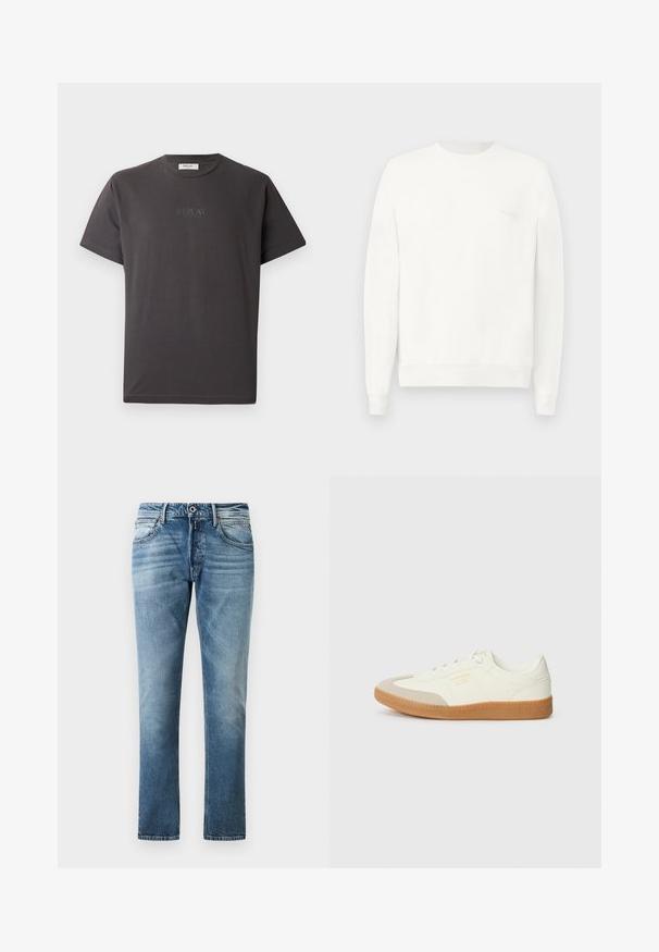 Hvid crewneck sweatshirt lavet af blødt stof, med ribbede manchetter og kant, og med et diskret logo trykt på brystet i lysegrå.; Mørkegrå kortærmet bomulds-t-shirt med et diskret reliefprint af "REPLAY" logoet foran. Rund halsudskæring og afslappet pasform.; Blå lige ben jeans med falmet detaljering, frontknap og lommer, præsenteret mod en helt hvid baggrund.; Sneaker lavet af hvid læder med en beige tåhætte og let brunt gummisål. Har flade hvide snørebånd og prægede branding på siden.