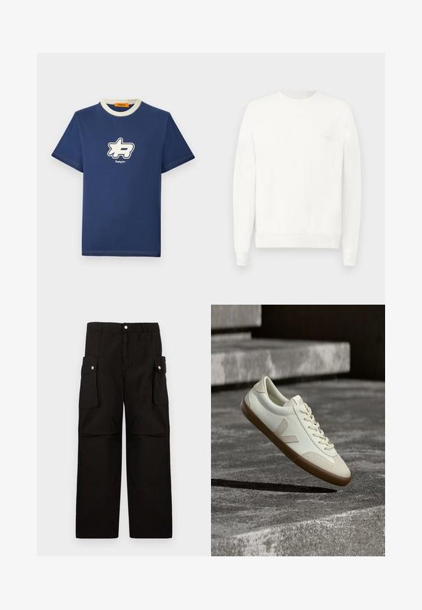 Biely crewneck sveter vyrobený z mäkkej látky, s rebrovanými manžetami a lemom, s jemným logom potlačeným na hrudi v svetlo sivej farbe.; Námornícky modré bavlnené tričko s kontrastným krémovým golierom, na prednej strane s veľkým bielym logom a názvom značky pod ním.; Čierne cargo nohavice vyrobené z mäkkej tkaniny, s elastickým pásom, bočnými vreckami so klapkami a voľným, rovným strihom.; Biele kožené tenisky s hnedou gumovou podrážkou, rovnými šnúrkami a V-tvarovaným prvkom na boku. Majú hladký povrch a minimalistické švíky.