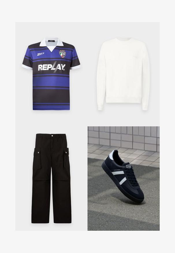 Hvid crewneck sweatshirt lavet af blødt stof, med ribbede manchetter og kant, og med et diskret logo trykt på brystet i lysegrå.; Sort og blå fodboldtrøje med horisontale striber, hvid krave og "REPLAY" logo. Har et skjoldemblem med stjerner ovenfor.; Sorte cargo-bukser lavet af blødt stof, med elastisk talje, sidedroplommer med klapper og en løs, lige ben-design.; Sort lædersneaker med hvide striber, tekstureret gummisål og snørrebånd foran. Har et brandet mærke på tungen.