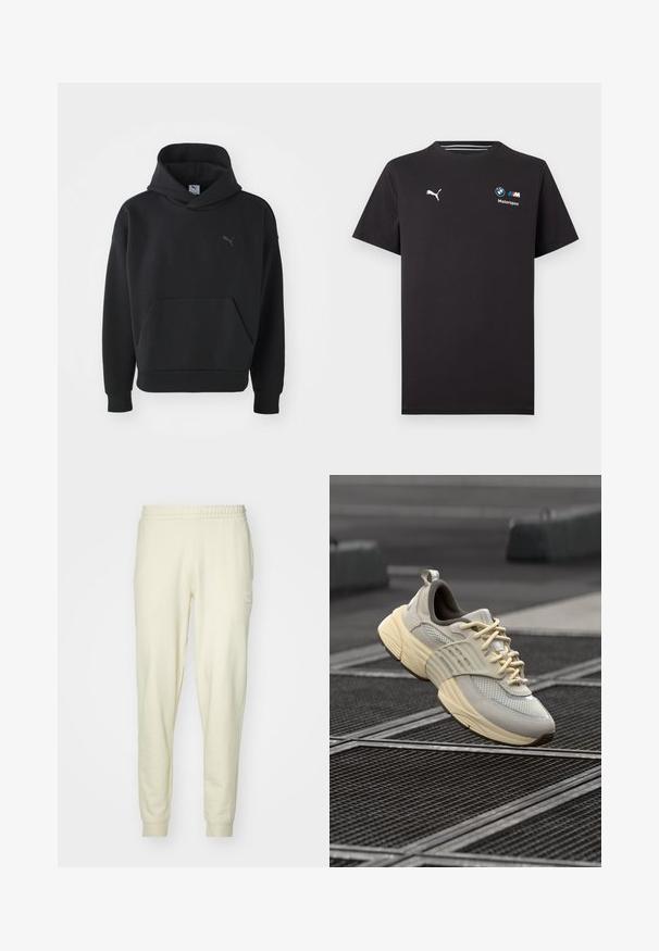 Musta kapuutsiga sviiter, mis on valmistatud pehmest kangast, esifööniga ja rinna peal halli värvi diskreetse Puma logoga. Igapäevane disain koos soonikute mansettidega.; Must lühikeste varrukatega T-särk, millel on vasakul rinnal Puma logo ja paremal rinnal BMW Motorsporti logo.; Kreemjas värvi dressipüksid, mis on valmistatud pehmest kangast, millel on elastne vöökoht ja varrukad. Vasakul puusal on väike logo silt.; Bežid võrgust tossud heledate hallide aktsentidega, tekstureeritud tald ja tasasel lukk, millel on pehmendatud krae ja skulpturaalne kummitald.