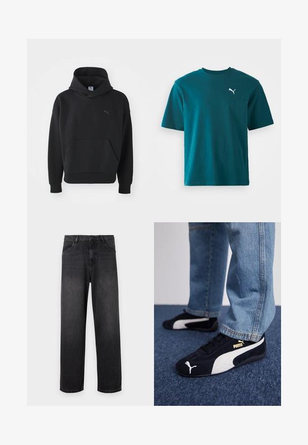 Čierna mikina s kapucňou vyrobená z mäkkej tkaniny, s predným vreckom a jemným logom Puma v sivej farbe na hrudníku. Uvoľnený dizajn s rebrovanými manžetami.; Tyrkysové bavlnené tričko s krátkymi rukávmi, okrúhlym výstrihom a bielym logom Puma na ľavej hrudi; hladká textúra a bežný strih.; Tmavošedé džíny s rovnými nohavicami, so zapínaním na zips, piatimi vreckami a jemnými odfarbeniami na látke.; Čierne semišové tenisky s bielymi akcentmi, so zlatým logom. Nosené s svetlomodrými denimovými džínsy a položené na textúrovanej modrej ploche.