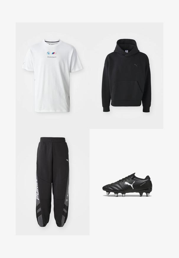 Čierna mikina s kapucňou vyrobená z mäkkej tkaniny, s predným vreckom a jemným logom Puma v sivej farbe na hrudníku. Uvoľnený dizajn s rebrovanými manžetami.; Biela bavlnená tričko s logom BMW, textom "Motorsport" v šedej farbe a farebnými akcentmi na bočných stranách. Krátke rukávy a dizajn s okrúhlym výstrihom.; Čierne jogger nohavice vyrobené z mäkkého materiálu. Majú elastický pás, zúžené nohy, sivé akcenty a biele logá po stranách.; Čierne futbalové kopačky s textúrovaným materiálom, biele logo Puma, šnurovací systém a kovové kolíky pre trakciu. Dizajn zdôrazňuje výkon a podporu.