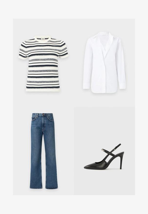 Haut en maille à manches courtes avec rayures horizontales bleu marine et blanches. Encolure ronde et texture côtelée avec une silhouette ajustée.; Chemise blanche à manches longues avec col et boutons, présentée à plat sur un fond clair, montrant une coupe slim et un tissu lisse.; Jean large en denim bleu clair. Comprend une taille haute, un design cinq poches et des surpiqûres contrastées sur toute la surface. Fermeture classique par boutons.; Escarpins slingback en cuir noir avec bout pointu, design ajouré et bride ajustable ornée de ferrures métalliques.