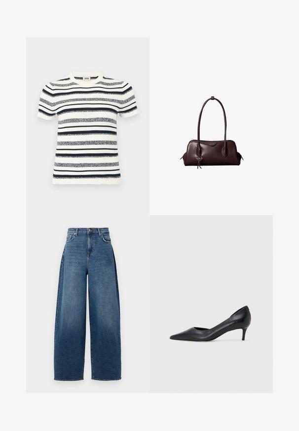Haut en maille à manches courtes avec rayures horizontales bleu marine et blanches. Encolure ronde et texture côtelée avec une silhouette ajustée.; Jeans évasés en denim bleu foncé. Caractéristiques : taille haute, cinq poches et fermeture par bouton supérieur. Texture légèrement délavée sur l'ensemble.; Escarpin en cuir noir avec un bout pointu et un talon bas. Présente une texture lisse et un éclat subtil. Découpe ouverte à l'avant pour un détail supplémentaire.; Sac à main en cuir brun foncé Calvin Klein avec de longues poignées doubles et un petit porte-clé logo suspendu à une poignée.