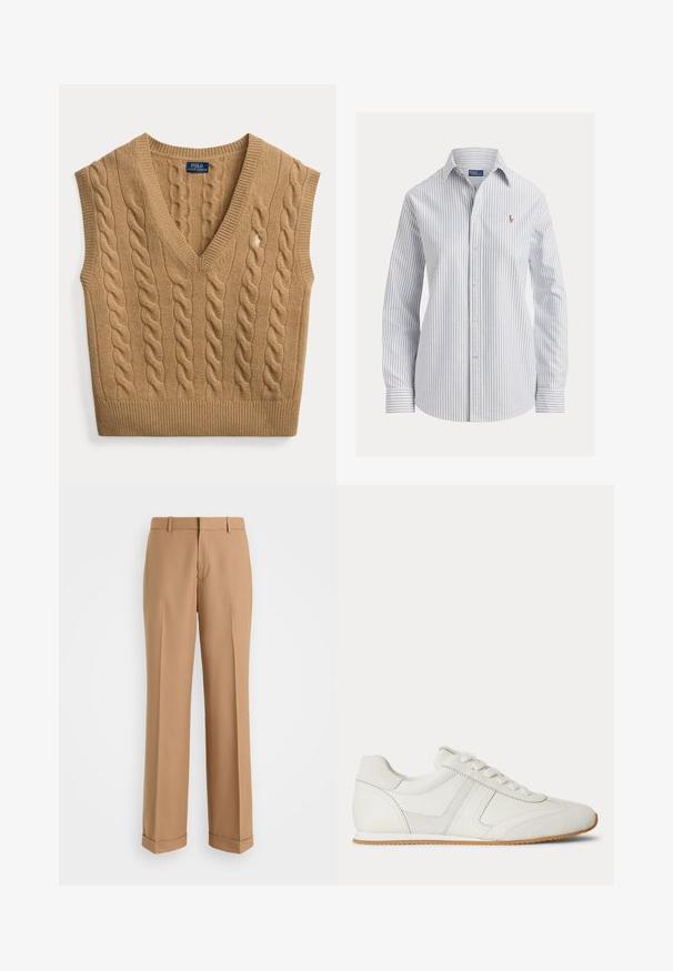 Bezrukávový sveter vesty s káblovým vzorom a výstrihom do V v camel hnedej farbe s menšou vyšívanou aplikáciou prednej časti a štítkom Polo Ralph Lauren.; Biela košeľa na gombíky s tenkými zvislými modrými pruhmi, dlhými rukávmi, špicatým golierom a malým vyšivaným logom na hrudi.; Béžové nohavice na mieru so strihom rovného nohavic, vyrobené z mäkkej látky, s predným záhybom a zahnutými koncami.; Biela nízka teniska so šnurovaním vpredu, zsemišovými a koženými panelmi a svetlohnedou gumovou podrážkou na bielom pozadí.