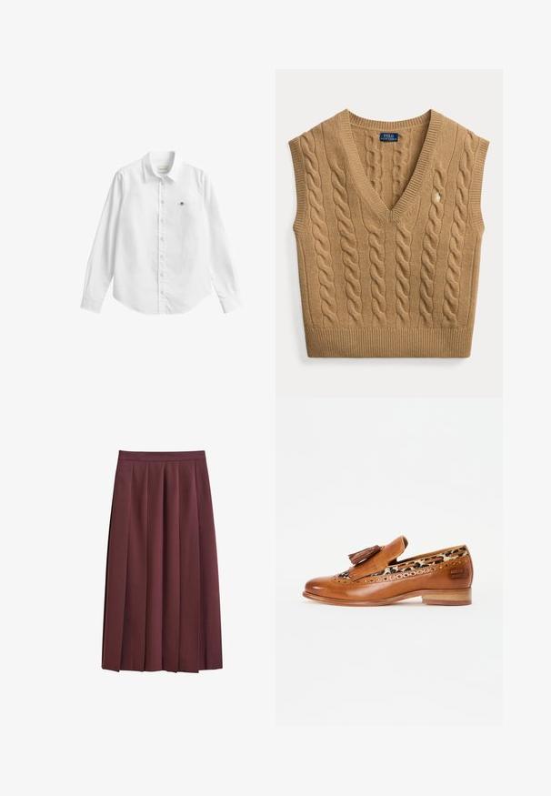 Camelbrun kabelstrikket ærmeløs V-hals sweater vest med Polo Ralph Lauren mærke og lille broderet logo foran.; Hvid skjorte med lange ærmer og knapper lavet af stof med en let tekstur. Har en frontlomme med en lille broderet logo og en klassisk krave.; Brun plisseret midi-nederdel med høj talje, brede lodrette folder og en lige talje, vist på hvid baggrund.; Brune læder loafers med dekorative kvaster og brogue-detaljer. Har en leopardprint foring og en lav træhæl.