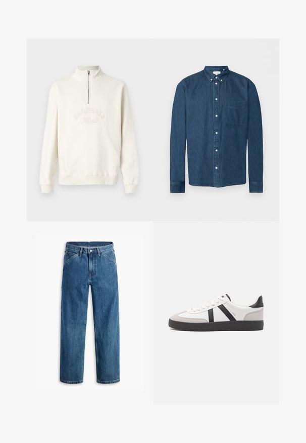 Hvid sweatshirt med halvlynlås og krave, broderet med teksten "ORIGINALS", ribbede ærmer og afslappet pasform. Blød stofstruktur.; Mørkeblå denimskjorte med knapper, lange ærmer, en forlommer til venstre og en knaplukket krave, vist på en hvid baggrund.; Blå denim jeans med lige ben, forlommer, bæltestropper, metal knap og lynlås foran på hvid baggrund.; Hvide sneakers med sorte og grå detaljer, med en tekstureret grå tåhætte, sort gummisål og flade hvide snørebånd. Rent design, minimalistisk stil.