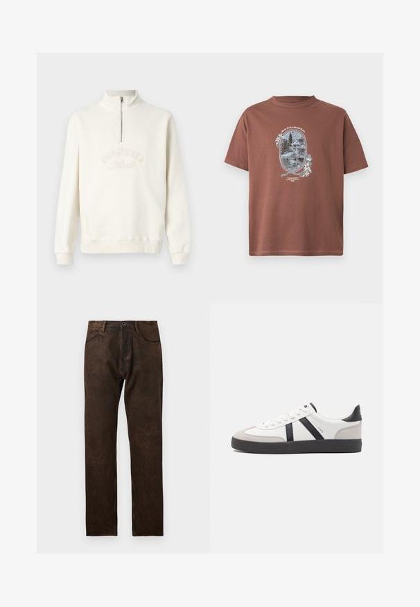Hvid sweatshirt med halvlynlås og krave, broderet med teksten "ORIGINALS", ribbede ærmer og afslappet pasform. Blød stofstruktur.; Brun bomulds T-shirt med vintage grafisk tryk af en søresort, indrammet af blomsterdetaljer i hvid. Kortærmet og rund hals.; Brune denim jeans med en let slidtegn, lige ben-design, fem lommer og en knaplukning i taljen.; Hvide sneakers med sorte og grå detaljer, med en tekstureret grå tåhætte, sort gummisål og flade hvide snørebånd. Rent design, minimalistisk stil.