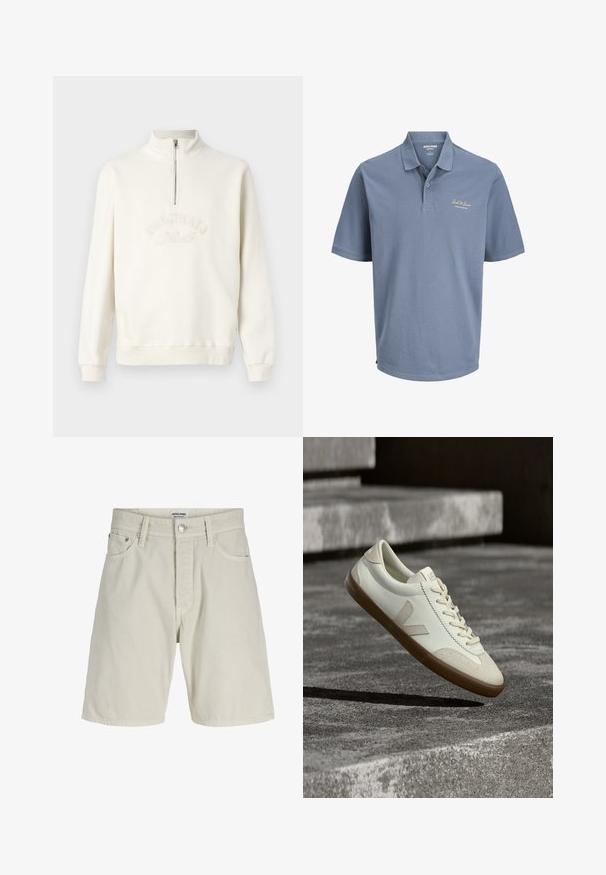 White sweatshirt with a half-zip collar, embroidered "ORIGINALS" text, ribbed cuffs, and a relaxed fit. Soft fabric texture.; Blue short-sleeve polo shirt with collar and two buttons, featuring "Jack & Jones" logo embroidered on the left chest.; Light beige denim shorts with front button and zipper, belt loops, and five pockets, shown against a white background.; White leather sneakers with tan rubber sole, flat laces, and V-shaped accent on side. Features a smooth surface and minimal stitching details.