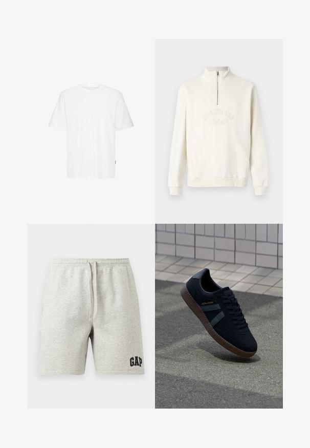 Sweat-shirt blanc avec un col zippé à moitié, texte brodé "ORIGINALS", poignets côtelés et coupe décontractée. Texture de tissu douce.; T-shirt blanc en coton avec manches courtes, col rond, coupe droite et petite étiquette de marque sur le côté. Texture lisse.; Shorts en coton gris clair avec taille élastique, cordon de serrage et logo "GAP" sur la jambe inférieure gauche, présentés sur un fond blanc.; Baskets noires avec une surface texturée, rayures vert foncé et semelle en caoutchouc marron. Comprend des lacets et un logo sur le côté.
