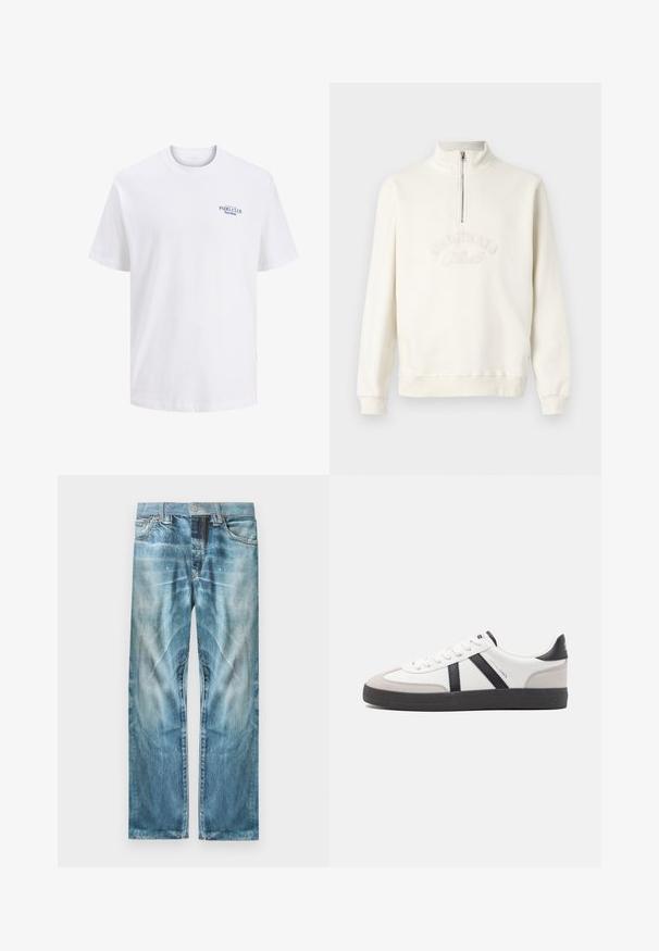 Hvid sweatshirt med halvlynlås og krave, broderet med teksten "ORIGINALS", ribbede ærmer og afslappet pasform. Blød stofstruktur.; Hvid bomulds t-shirt med rund hals, der har et lille blåt trykt logo på brystet med teksten "PADEL CLUB Barcelona." Korte ærmer.; Lyseblå falmede denimjeans med lige ben, forlommer, bæltestropper og knaplukning.; Hvide sneakers med sorte og grå detaljer, med en tekstureret grå tåhætte, sort gummisål og flade hvide snørebånd. Rent design, minimalistisk stil.