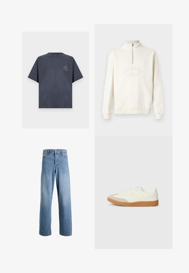 White sweatshirt with a half-zip collar, embroidered "ORIGINALS" text, ribbed cuffs, and a relaxed fit. Soft fabric texture.; Dark gray short-sleeve crew neck T-shirt with small light-colored text and a circular logo on the left chest area.; Light blue straight-leg denim jeans with front pockets, belt loops, button closure, and zipper fly.; Sneaker made of white leather with a beige toe cap and light brown rubber sole. Features flat white laces and embossed branding on the side.