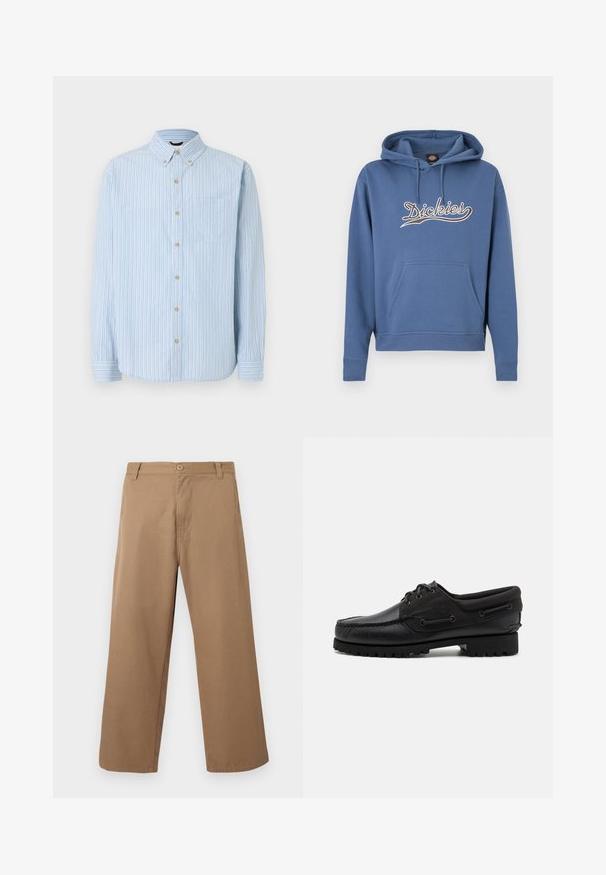 Sweat à capuche bleu en mélange de coton, avec une poche avant et un logo "Dickies" brodé en crème. Poignets et ourlet côtelés.; Chemise bleu clair à manches longues avec rayures verticales blanches, bleues et beiges, col à boutons, poche poitrine et boutons beiges.; Pantalon beige à jambes larges avec passants pour ceinture, bouton sur le devant et fermeture éclair, présenté sur un fond clair uni.; Chaussure noire avec un dessus en cuir, des accents textiles, des lacets ronds et une semelle en caoutchouc texturé. Présente des coutures mocassins et des détails de marque.