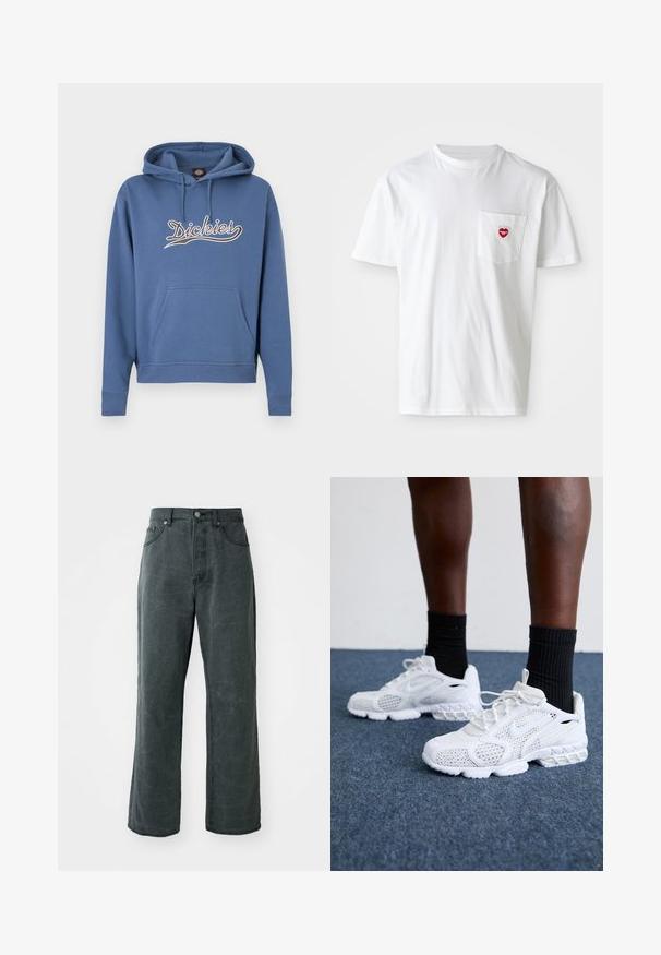 Blå hættetrøje lavet af bomuldsblanding, med en frontlomme og et broderet "Dickies"-logo i creme. Ribstrikkede manchetter og kant.; Hvid bomulds T-shirt med rund halsudskæring og korte ærmer. Har et lille rødt hjerte-logo på venstre brystlomme.; Bredde ben mørkegrå jeans lavet af denim, med høj talje, fem-lomme design og en subtil distressed tekstur.; Hvide atletik-sko med mesh-overdel, teksturerede accenter og polstret sål. Parret med sorte ribbede ankelstrømper på en blå tæppebelagt overflade.