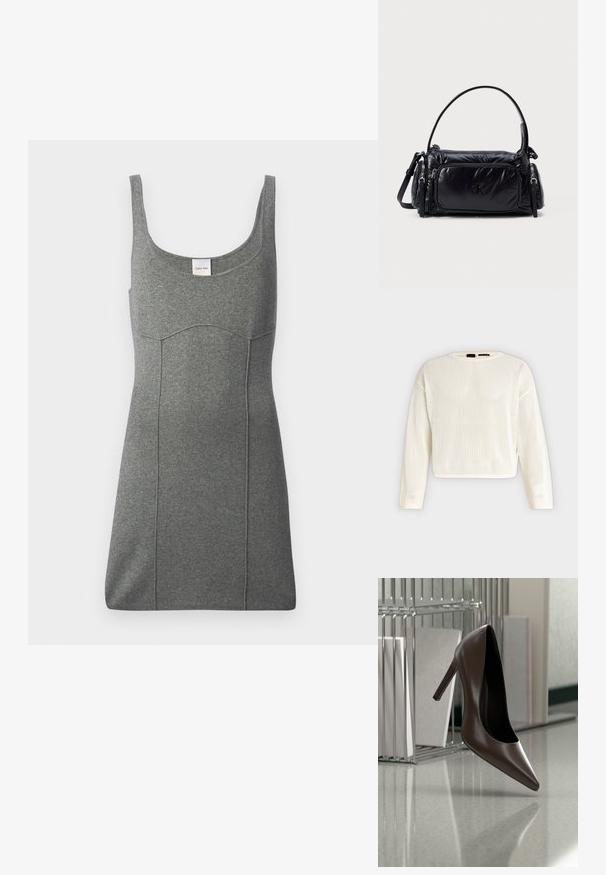 Weißer langärmeliger Strickpullover mit lockerem Maschenbild, Rundhalsausschnitt und leicht gekürztem Schnitt, auf schlichtem Hintergrund dargestellt.; Graues ärmelloses Kleid aus Jersey-Material, mit rundem Ausschnitt, tailliertem Schnitt und dezenter Nahtgestaltung. Etikett am Ausschnitt sichtbar.; Dunkelbrauner, hochhackiger Lederschuh, der über einem reflektierenden Boden in der Nähe eines Metallgestells mit weißen Paneelen in einem Raum schwebt.; Schwarze Nylon-Handtasche mit einem plüschigen Design, abgerundetem Schultergurt, einer vorderen Reißverschlusstasche und einem dezenten, auf der Vorderseite geprägten Logo.