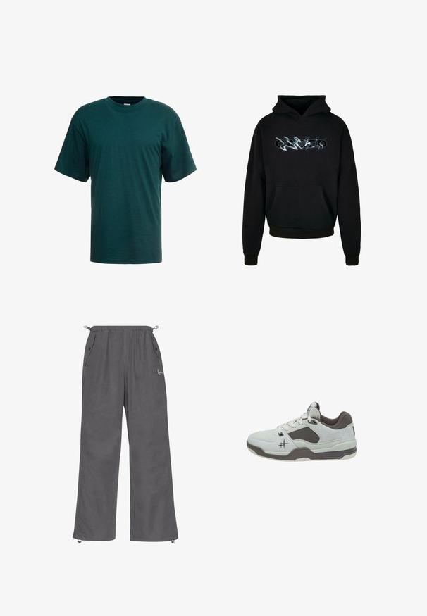Sudadera negra con bolsillo canguro frontal, capucha con cordones y un diseño gráfico en plata. Fabricada en tela suave con puños acanalados.; Camiseta de algodón verde oscuro con mangas cortas, escote redondo y un corte relajado. Textura suave sin patrones o acentos visibles.; Pantalones grises de pierna ancha hechos de tela suave. Cuentan con una cinturilla elástica, bolsillos laterales y puños con cremallera. Diseño simple con detalles mínimos.; Zapato deportivo gris claro con una parte superior de ante texturizado, detalles en gris oscuro, panel lateral perforado y un cuello acolchado para mayor comodidad.