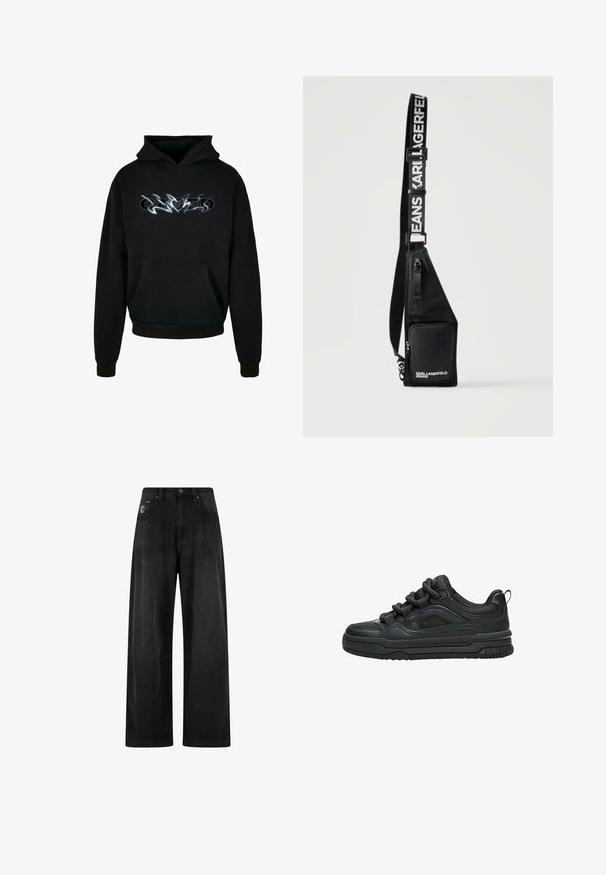 Sort hættetrøje med frontlomme, snoretræk ved hætten og en grafisk design i sølv. Lavet af blødt stof med ribbet manchetter.; Bredde ben sorte denim bukser med høj talje, der har fire lommer og et lille logo-tag på forsiden. Glat tekstur, enkel design.; Sort lavtop sneaker med tyk sål, polstret krave, mesh paneler og chunky snørebånd vist mod en hvid baggrund.; Sort crossbody taske med lynlåslomme foran og justerbar rem med teksten "KARL LAGERFELD JEANS" i hvide bogstaver.