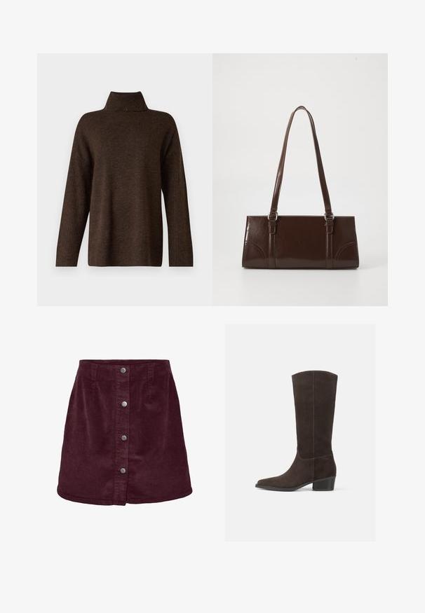 Pull en tricot marron avec un col haut côtelé, des manches larges et une texture douce. Présente une coupe décontractée et des accents côtelés sur les manches.; Jupe mini en velours côtelé bordeaux avec une forme évasée, dotée de cinq boutons argentés sur le devant et d'une texture côtelée subtile.; Bottine en daim marron foncé, montante jusqu'au genou, avec un bout carré, une texture lisse et un petit talon empilé, affichant un design minimaliste et des lignes épurées.; Sac à main en cuir verni marron de forme rectangulaire, avec deux longues poignées et des accents courbés subtils à l'avant.