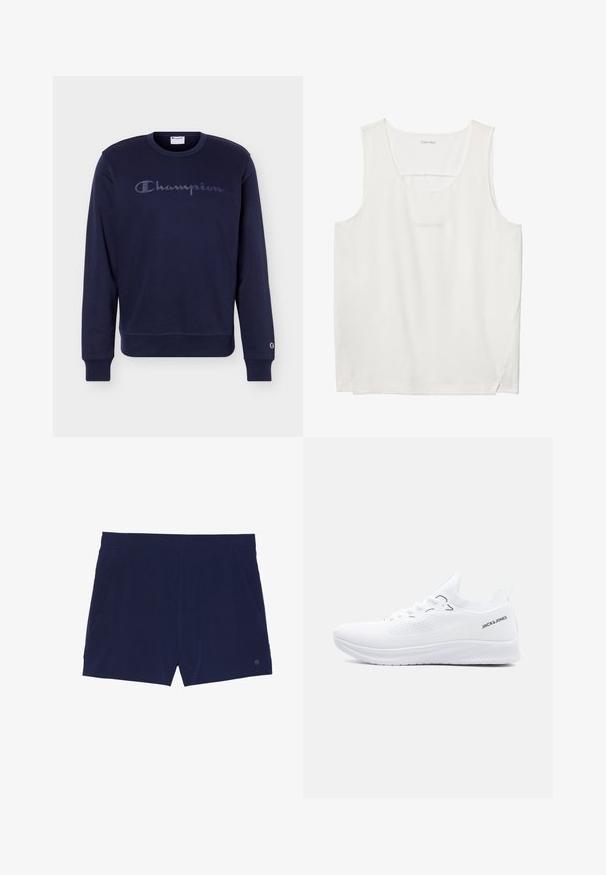 Tmavomodrá mikina s dlhým rukávom s logom "Champion" na hrudi a malým vyšitým logom na ľavom manžete.; Biele tielko Calvin Klein bez rukávov s okrúhlym výstrihom a jemným logom na hrudi.; Námornícke modré plavky vyrobené z ľahkého materiálu, s elastickým pásom a priehradkami na bokoch na úschovu.; Biela pletená nízka teniska s textúrovanou podrážkou, šnurovaním vpredu a logom "JACK & JONES" na bočnej strane päty.
